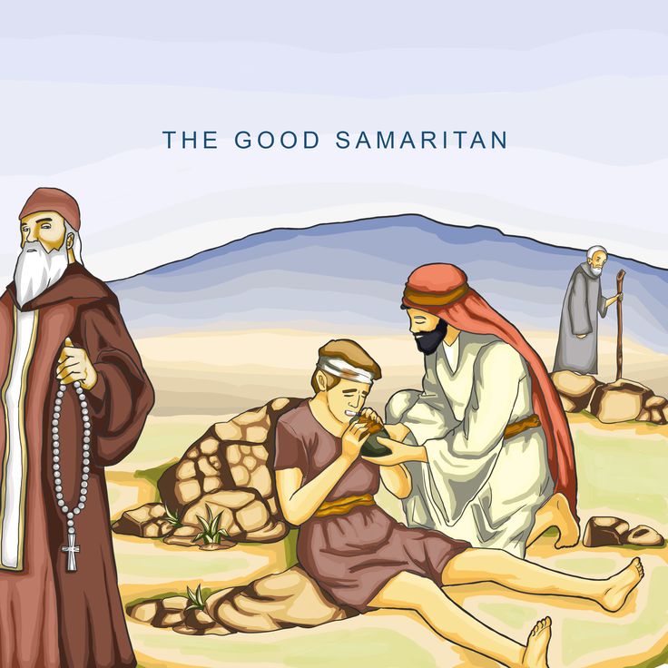 the good samarian with three men sitting on rocks and one man standing next to him