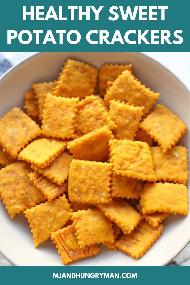 healthy sweet potato crackers in a white bowl with text overlay that says healthy sweet potato crackers