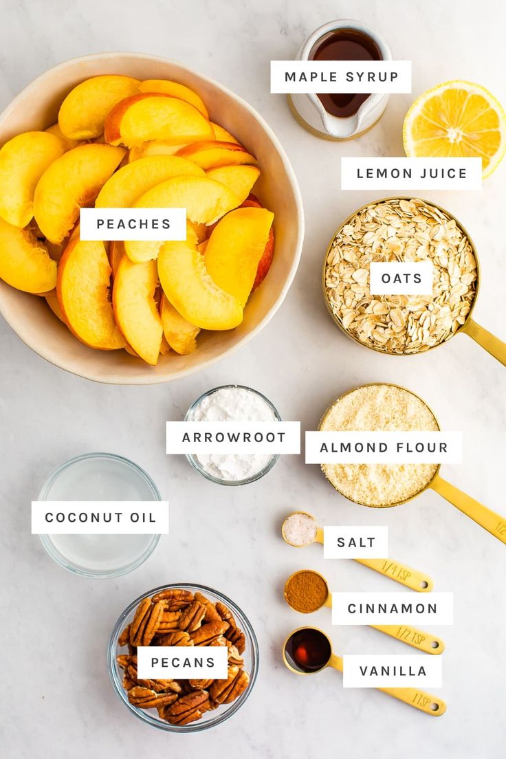 the ingredients to make this recipe include peaches, almonds, oats, coconut oil and maple syrup