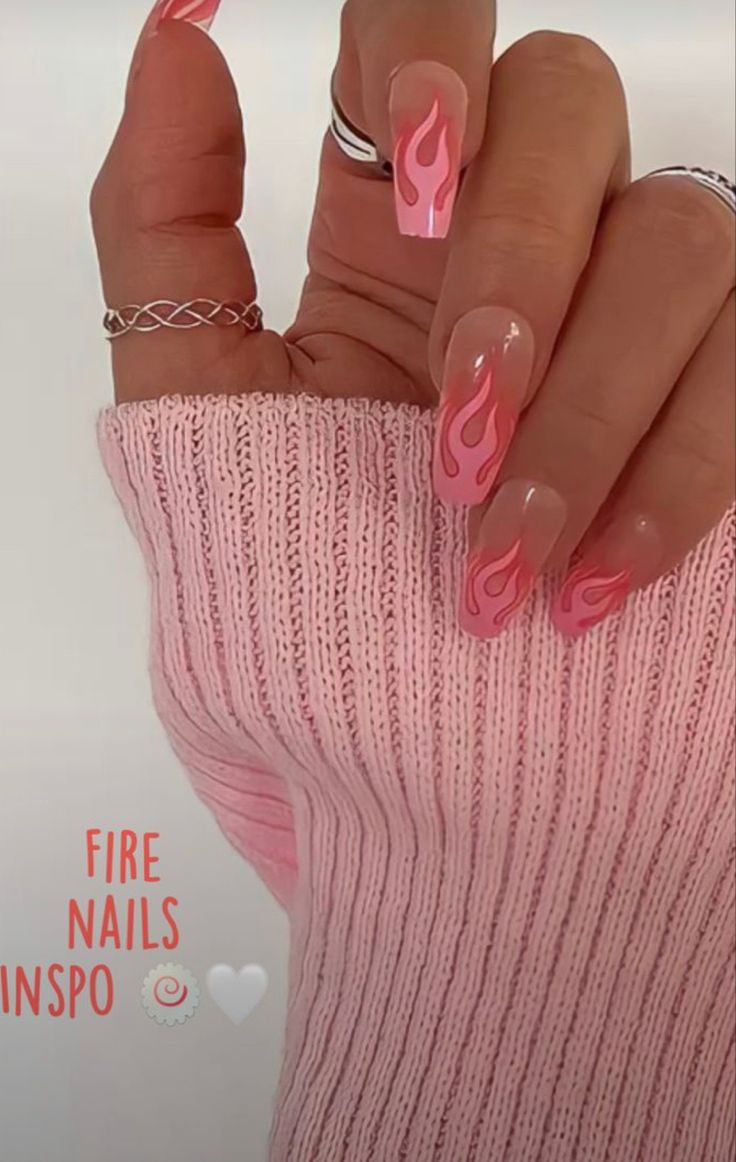 Fire Pink Nails, Fire Nail Designs Acrylic, Vegas Nails Acrylic, Nails Fire Design, Fire Acrylic Nails, Nails Inspo Ballerina, Pink Fire Nails, Fire Nails Designs, Nails With Flames