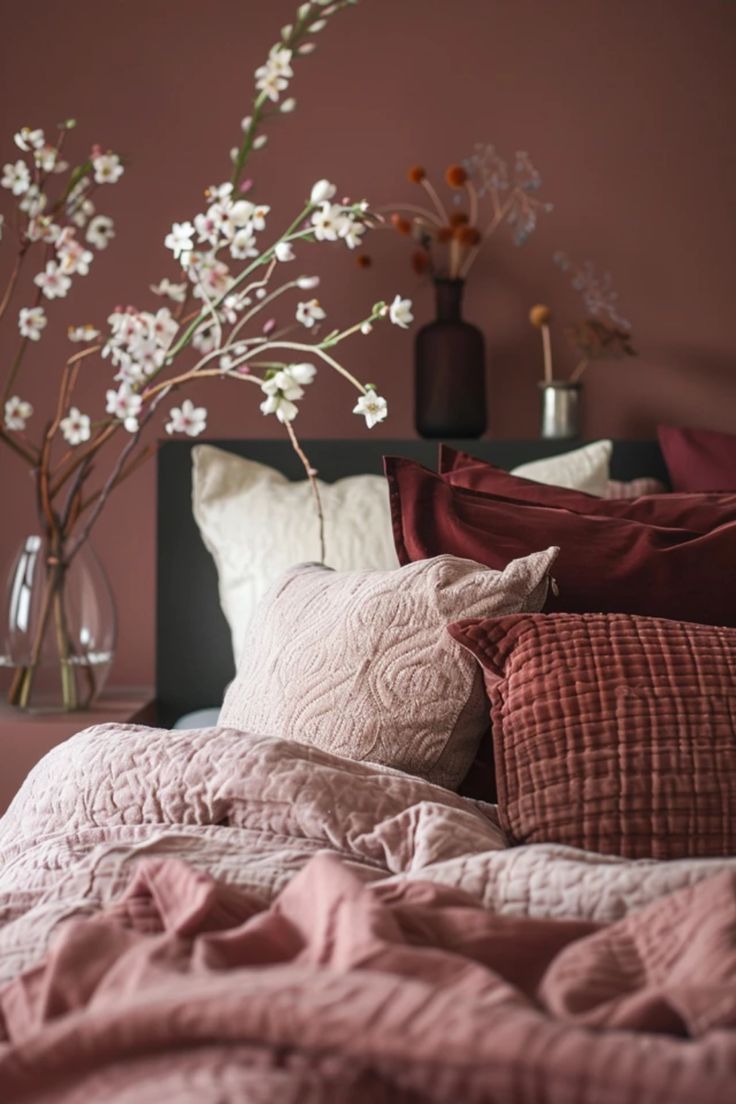 a bed with pink sheets, pillows and flowers in vases on the headboard