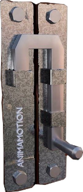 a pair of door handles that are made out of granite and steel with the words mammoth on them