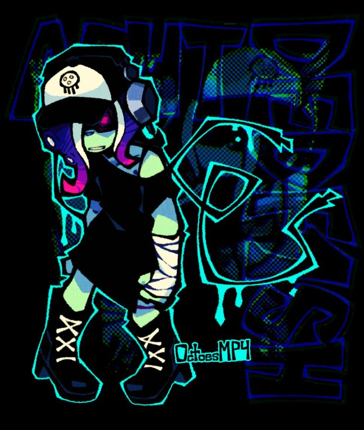 a drawing of a person wearing a hat and holding a skateboard in front of a graffiti wall