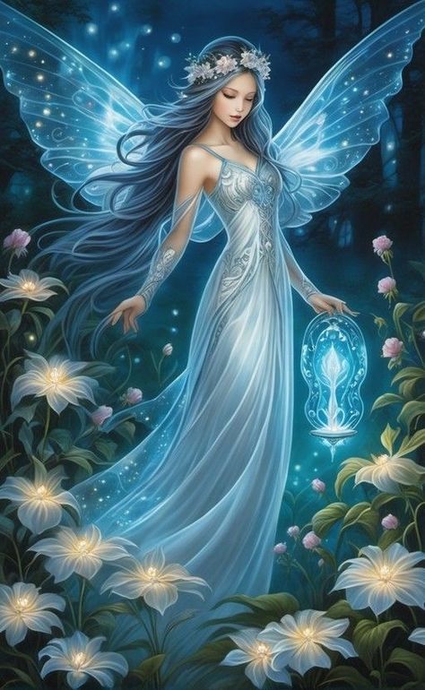 a fairy is standing in the middle of flowers with her wings spread out and glowing