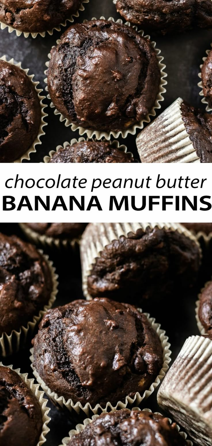 chocolate peanut butter banana muffins with text overlay