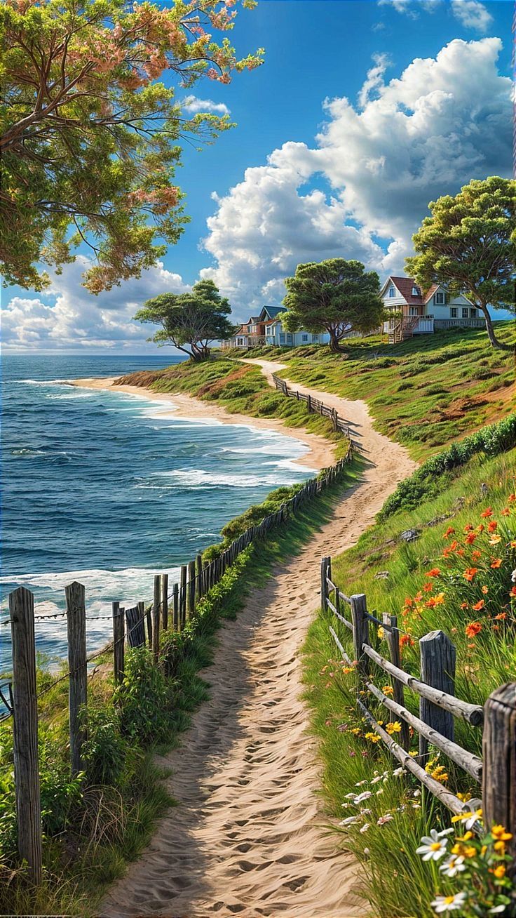 a painting of a path leading to the beach