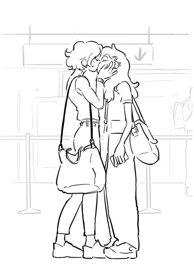 a black and white line drawing of two people kissing in front of a subway station