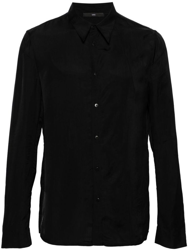 black satin weave classic collar front button fastening long sleeves buttoned cuffs side slits straight hem