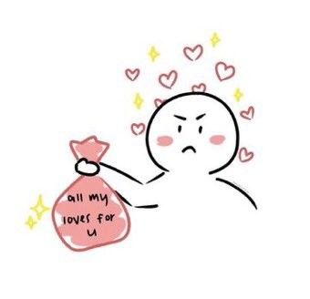 a drawing of a person holding a bag with hearts coming out of it that says, all my loves for u