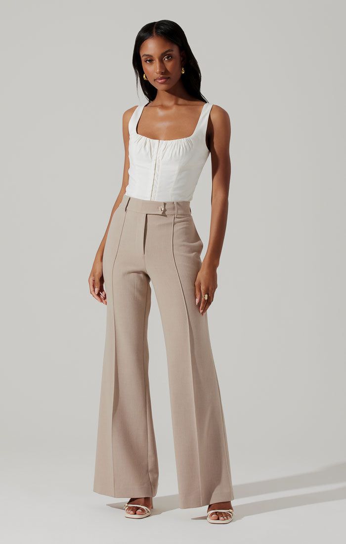 High Waist Pants Zipper and Button Closure Material: 68% Polyester, 26% Rayon, 6% Elastane. Lining: 100% Cotton Dry clean only Beige High-waisted Cotton Dress Pants, Beige Non-stretch High-waisted Dress Pants, Non-stretch Tapered Leg Beige Pants, Beige Stretch High-cut Leg Pants, Beige High-waisted Pull-on Pants, High Waisted Flare Pants, Black Sweater Dress, Flare Pant, Athleisure Tops