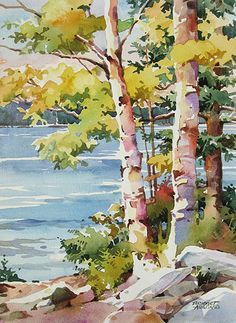 watercolor painting of trees by the lake