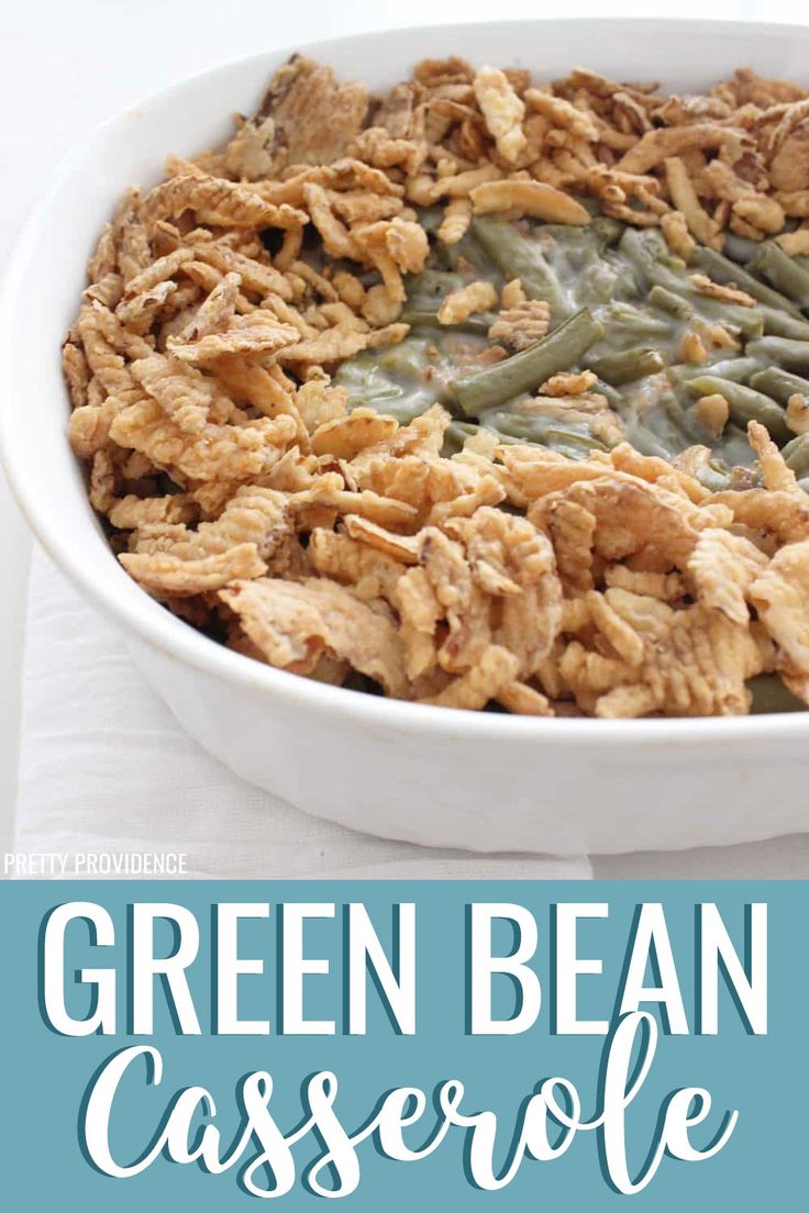 green bean casserole in a white dish with text overlay