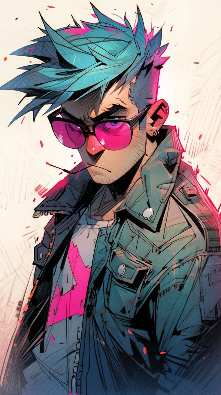 a man with blue hair and pink glasses