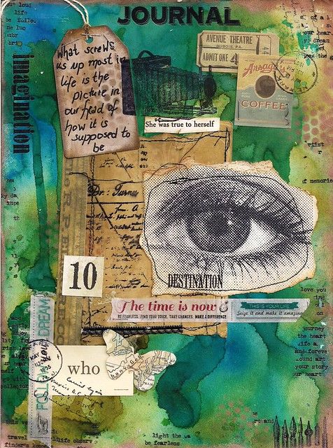 an altered collage with words and pictures on it, including the word's eye