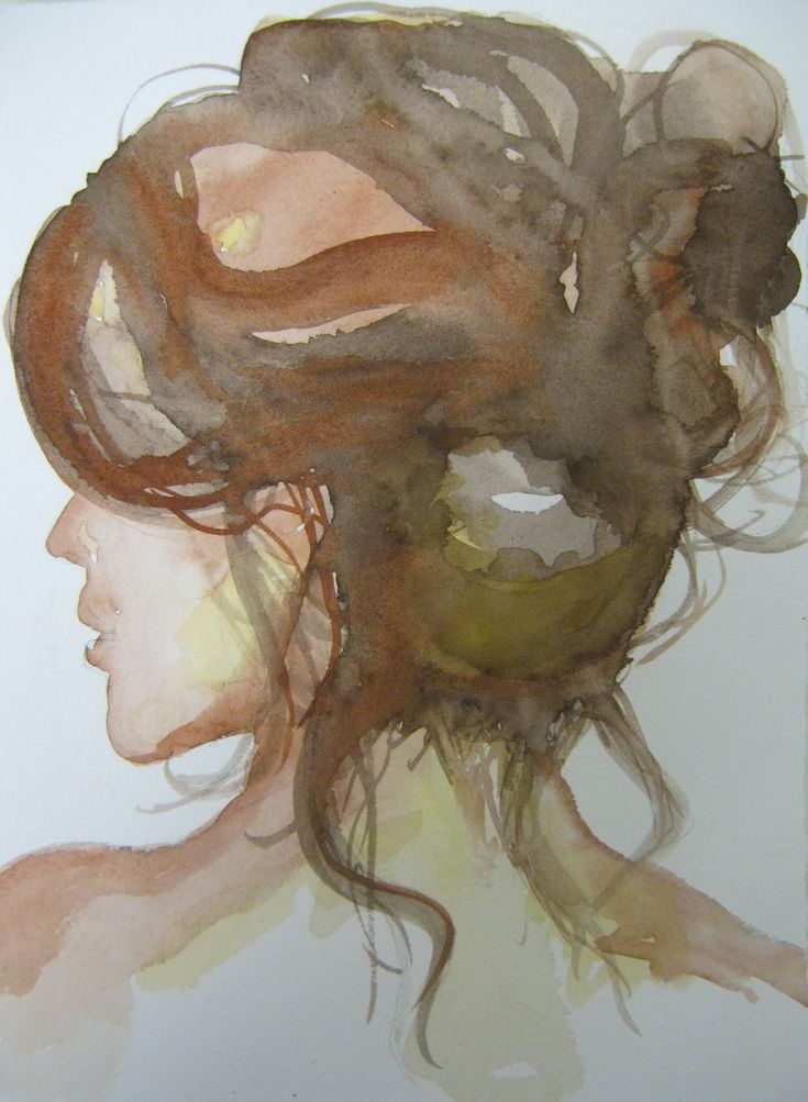 a watercolor painting of a woman's head with hair blowing in the wind