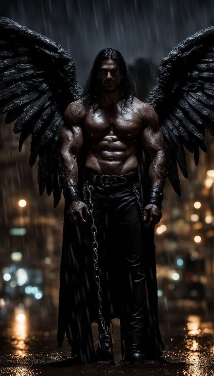 a man with large black wings and chains on his chest, standing in the rain