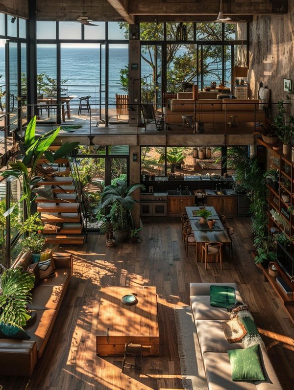 a living room filled with lots of furniture and plants on top of it's wooden floors