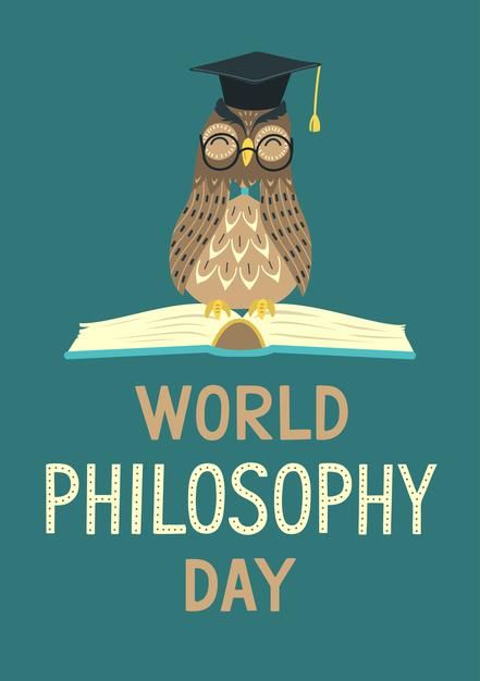 an owl is sitting on top of a book with the words world philosophy day written below it