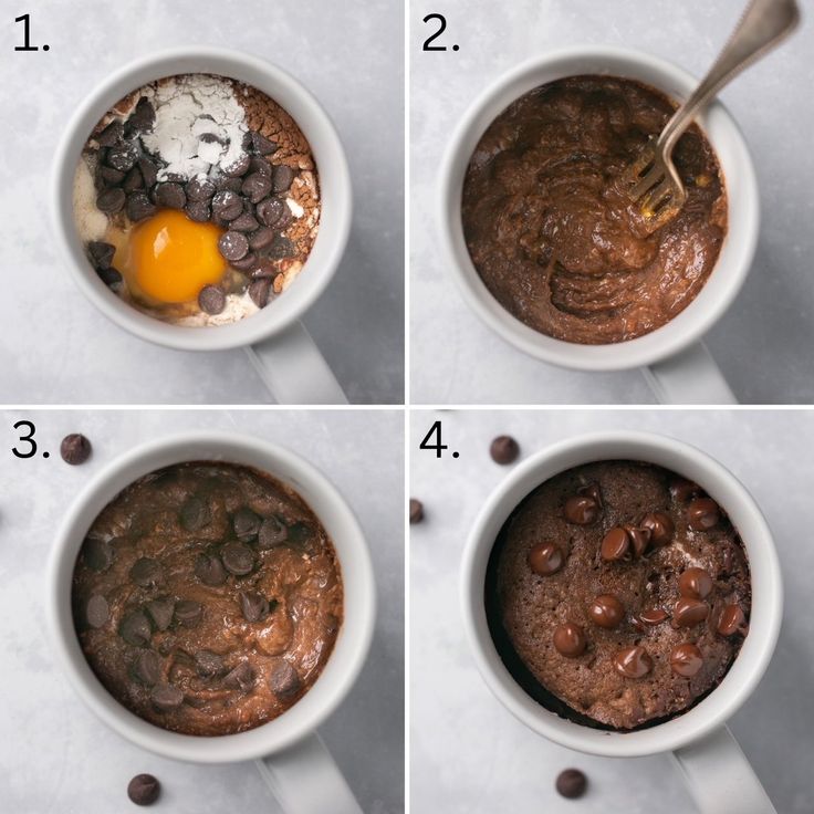 four pictures showing how to make chocolate mug cake with an egg in the middle and ingredients