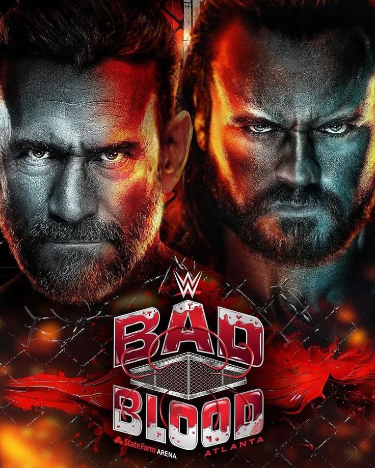 two men in front of a red background with the words bad blood written on it