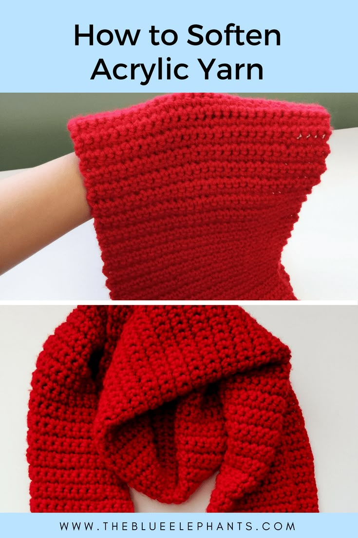 a red crocheted scarf with text overlay that says how to soften acrylic yarn