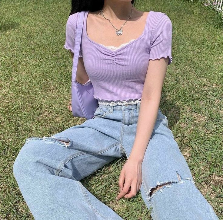 Light Purple Outfit, Soft Girl Outfits, Purple Outfits, Korean Girl Fashion, Crop Top Outfits, Indie Outfits, Kpop Fashion Outfits, Fashion Mode, Nara