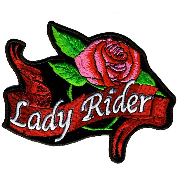 the lady rider patch has a rose on it and is embroidered in red with white lettering