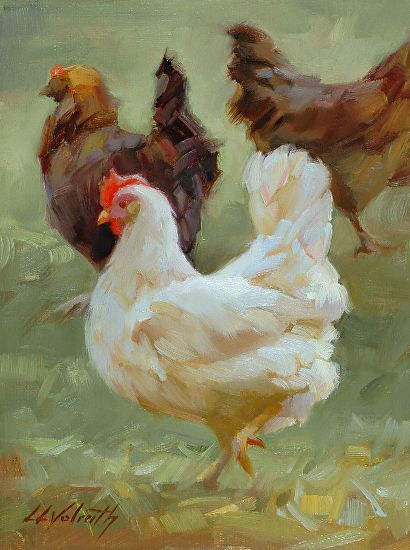 an oil painting of chickens in a field