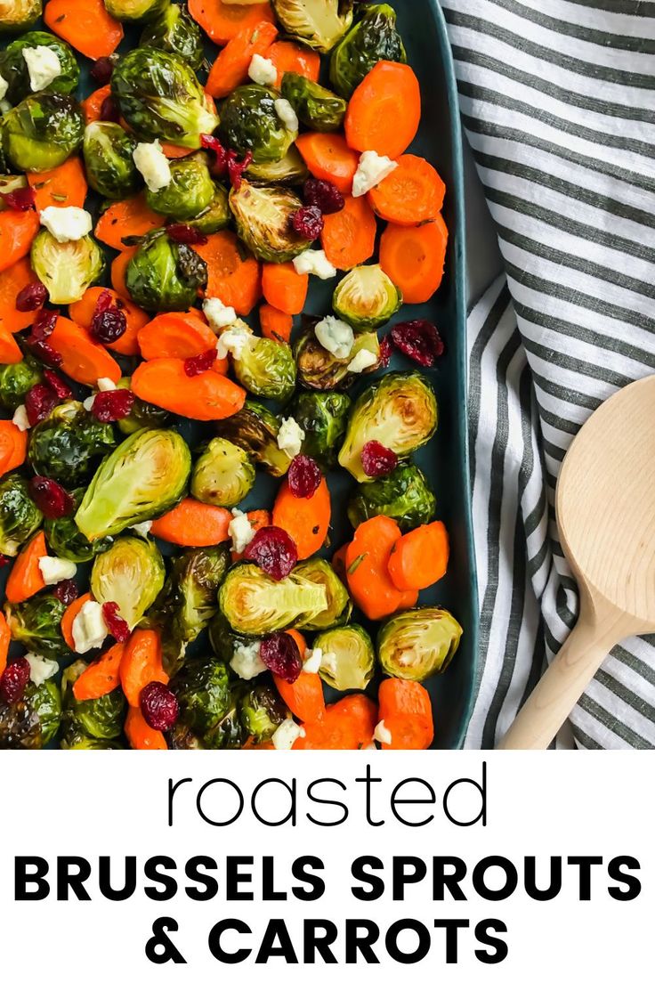 roasted brussel sprouts and carrots on a platter with text overlay