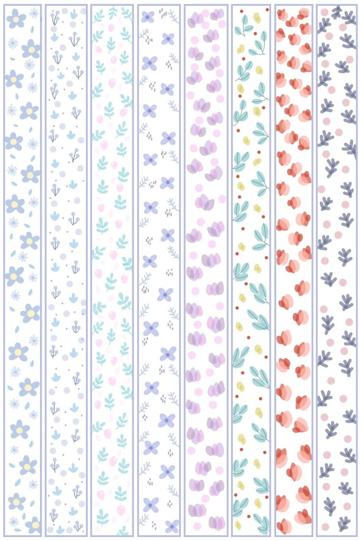 four rows of different colored flowers and leaves on white paper with blue trimmings