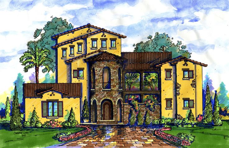 this is an artist's rendering of the front elevation of these luxury home plans