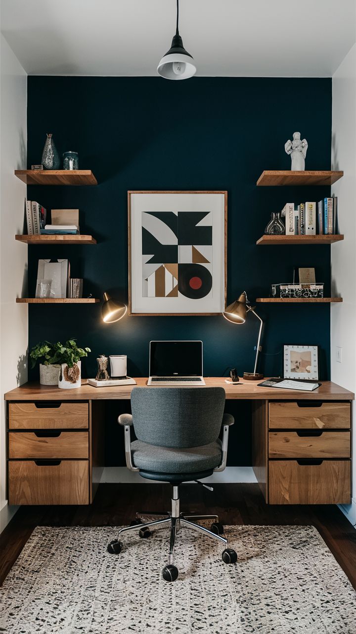 a home office with blue walls and wooden shelves