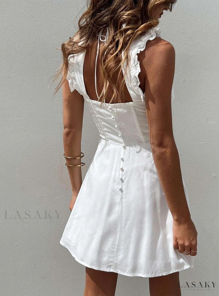 Lasaky - Ivory Flared Hem Mini Dress Chic White A-line Sundress, Summer A-line Mini Dress In Off White, Off White A-line Mini Dress For Summer, Off-white A-line Mini Dress For Summer, White A-line Summer Dress, Elegant Off-white Summer Dress, Elegant Off White Summer Dress, White A-line Vacation Dress, White A-line Dress For Vacation