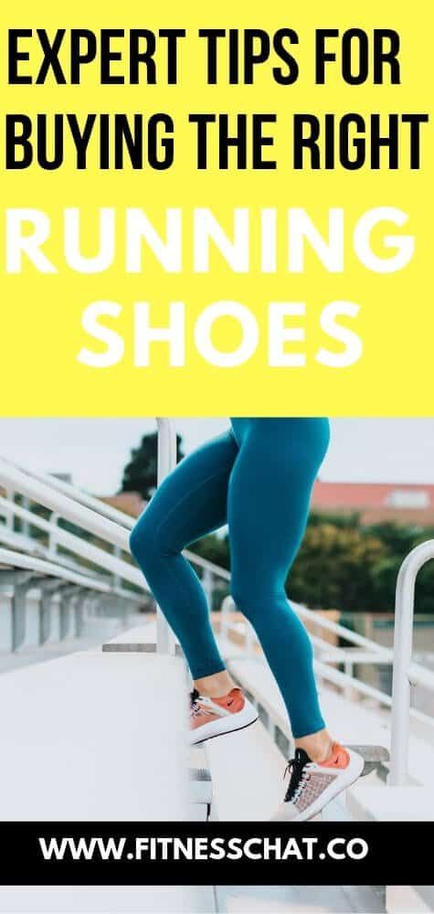 a woman in blue leggings and yellow sign that says expert tips for buying the right running shoes