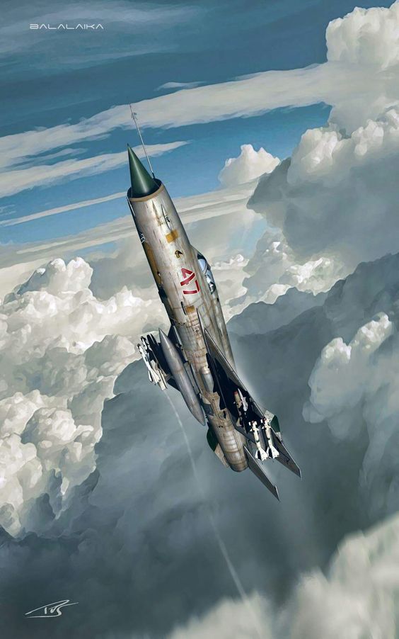 a painting of a fighter jet flying through the sky with clouds in the foreground