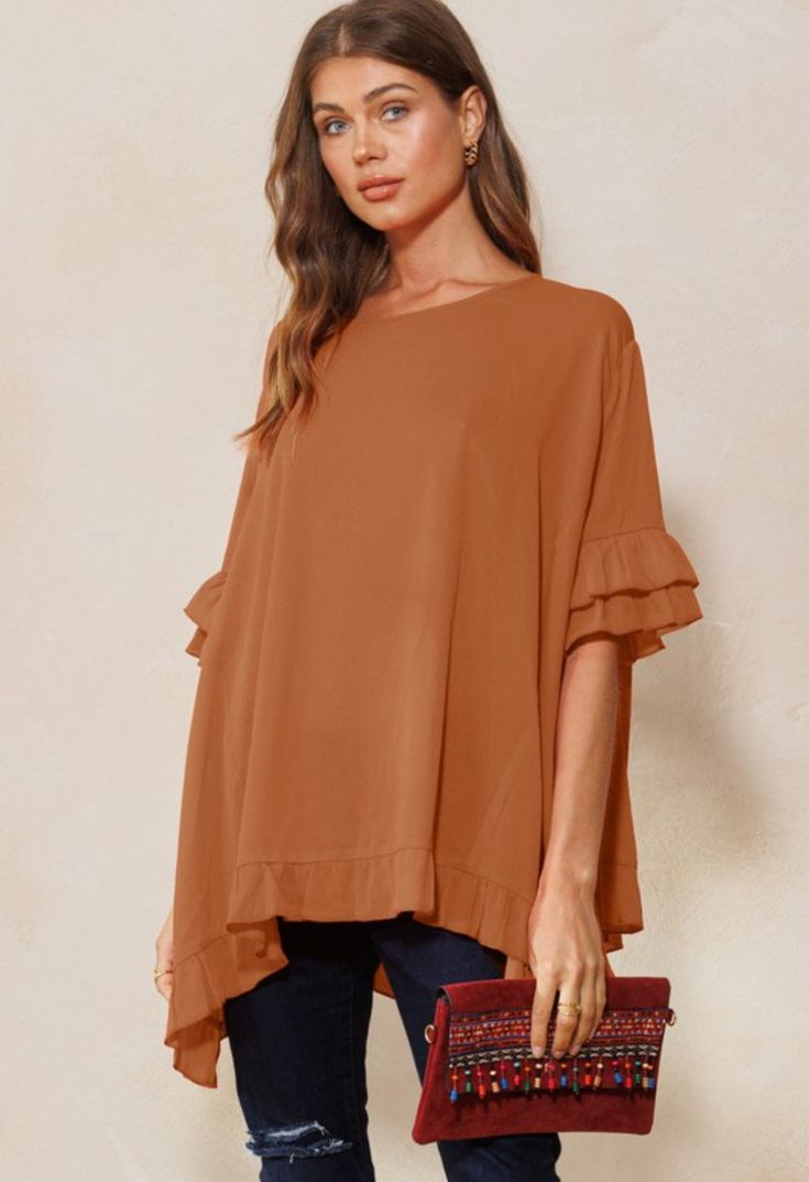 One size Flowy Short Sleeve Tops For Fall, Chic Flowy Blouse For Brunch, Flowy Solid Color Tops, Chic Solid Color Blouse For Brunch, Solid Flutter Sleeve Tops For Day Out, Casual Flutter Sleeve Blouse For Fall, Solid Color Flutter Sleeve Top For Day Out, Chic Blouse With Ruffle Sleeves For Layering, Flowy Flutter Sleeve Blouse For Fall