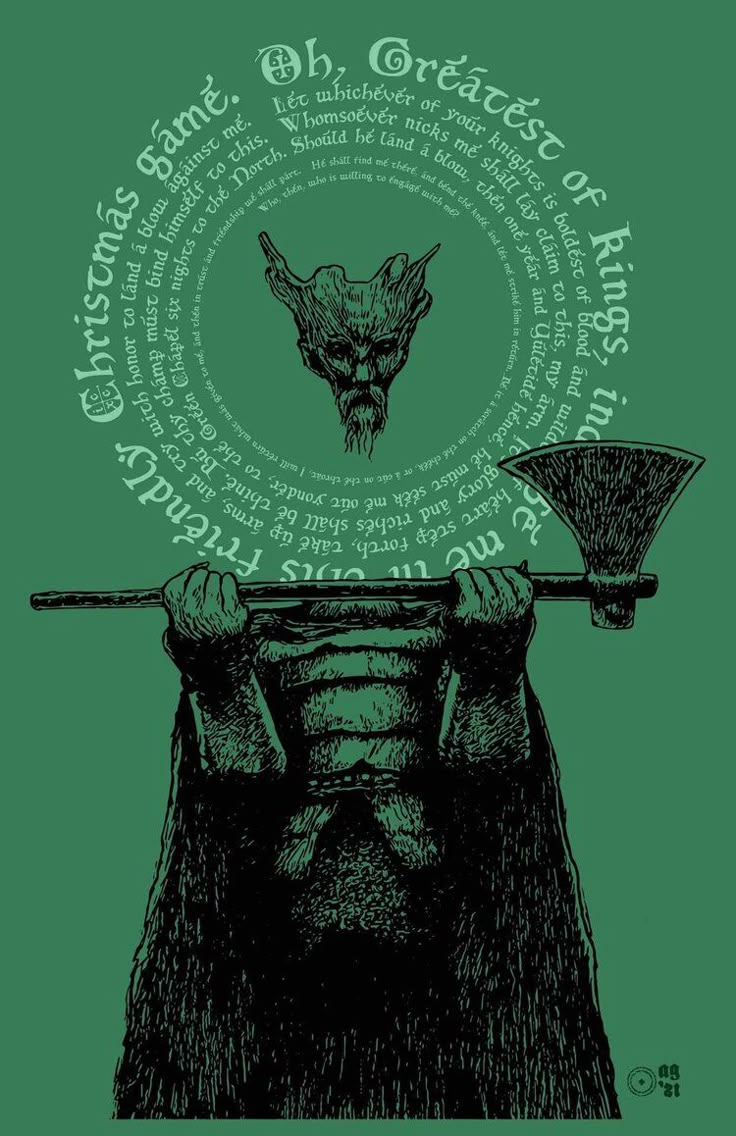 a green poster with an image of a demon holding a sculler over his head