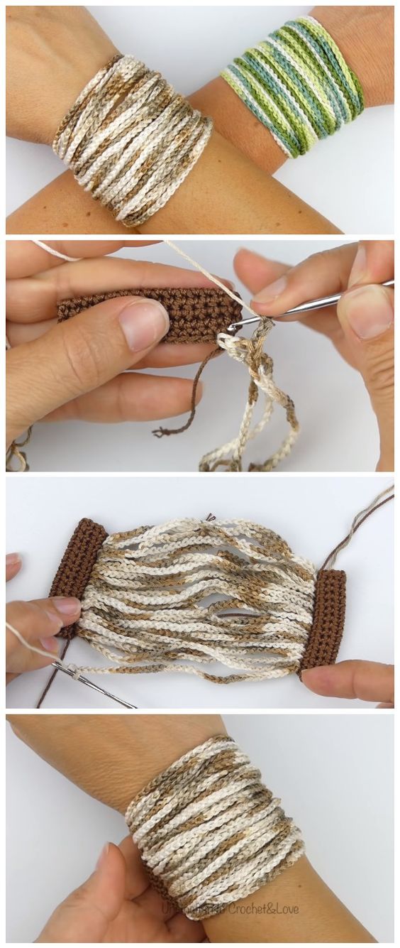 three pictures showing how to make bracelets with yarn and thread, including two hands