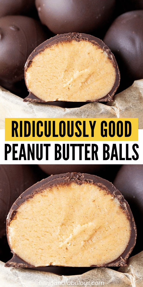 chocolate covered peanut butter balls are stacked on top of each other with the words ridiculously good