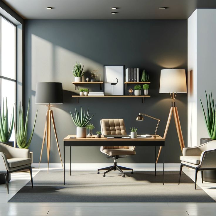 an office with two desks and chairs in front of large windows that have potted plants on them