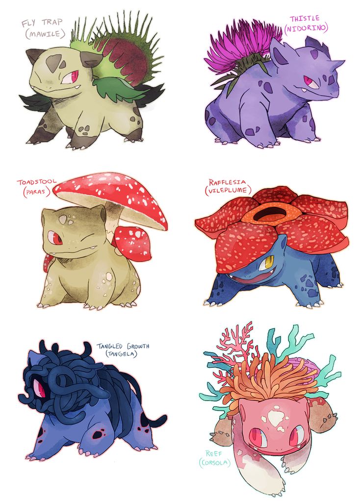 four different types of pokemons with their names in each one's head and the other