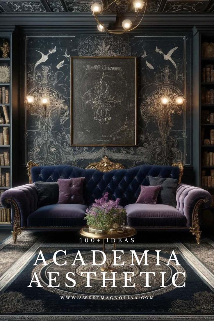 a couch and some books in a room with a chandelier above it that reads, 100 ideas academy