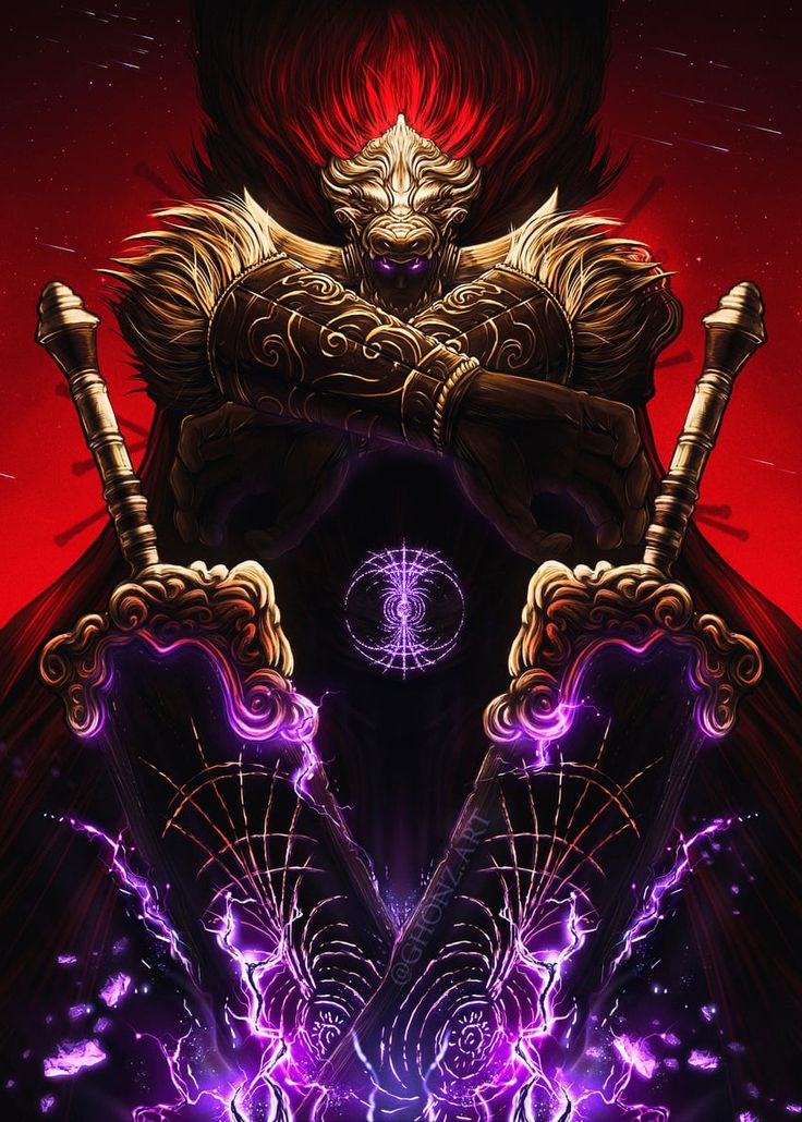 an image of a man with two swords in his hands and purple light coming out from behind him