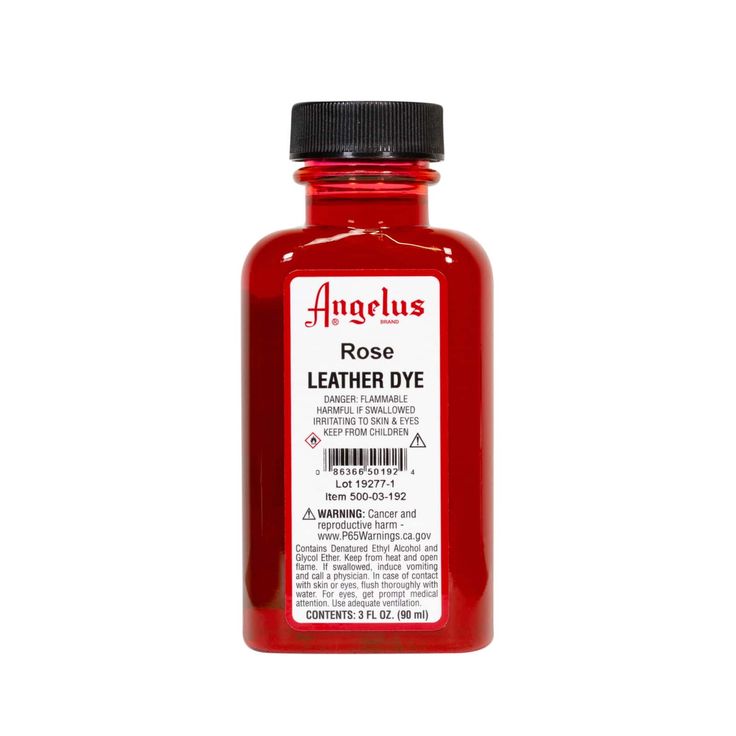 a bottle of rose leather dye on a white background with the label in red and black