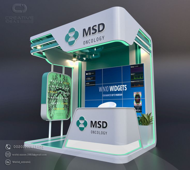 an exhibit stand with a green and white design on the front, as well as a sign that says msd