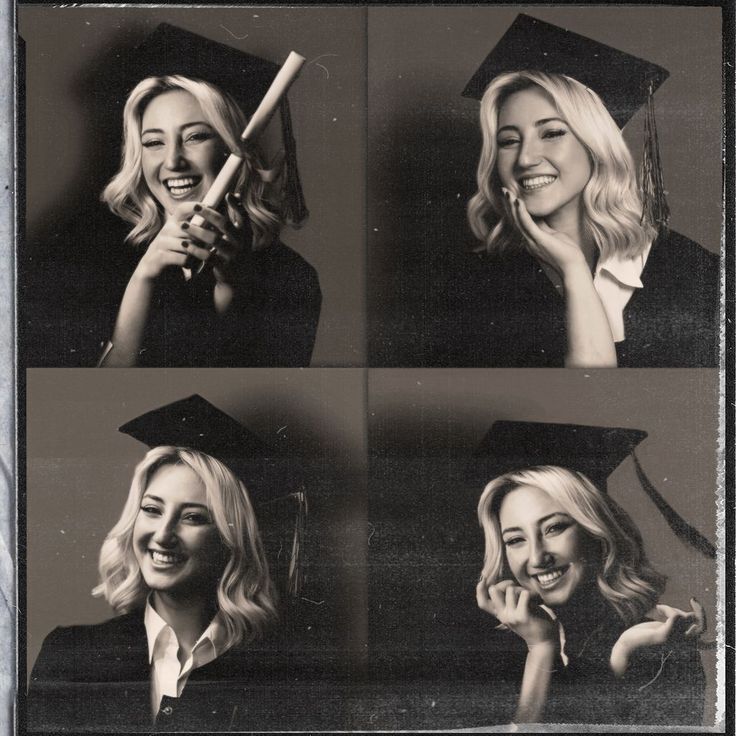 black and white photograph of woman in graduation gown with cap, holding up her hand to her face