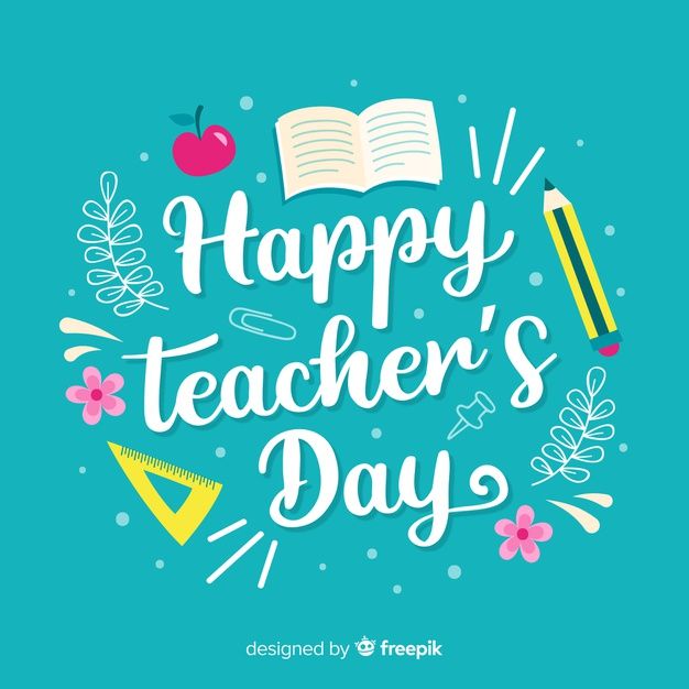 the words happy teacher's day written in white on a blue background with flowers and pencil