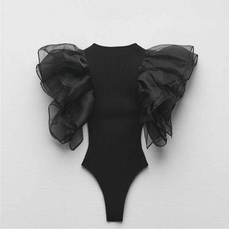 Nwt Zara Organza Ruffle Rib Bodysuit Size Small Chic Black Fitted Bodysuit, Trendy Black Bodysuit For Party, Chic Black Stretch Bodysuit, Chic Stretch Black Bodysuit, Elegant Black One-piece Bodysuit, Trendy Black One-piece Bodysuit, Black Summer Party Bodysuit, Elegant Black Summer Bodysuit, Black One-piece Bodysuit For Spring