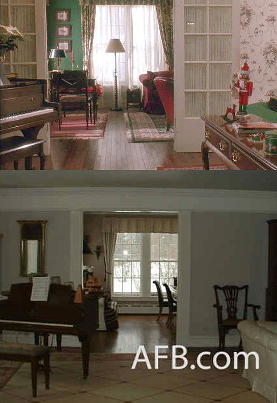 before and after photos of a living room with piano, dining room table, and kitchen