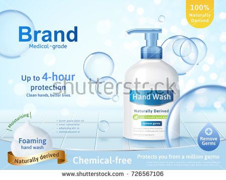 an advertisement for hand wash with soap and bubbles on the blue background, 3d rendering